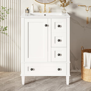 English Elm 24-inch Matte Bathroom Vanity Rubberwood Cabinet with Ceramic Sink and Soft-close Drawers White N729P377516K