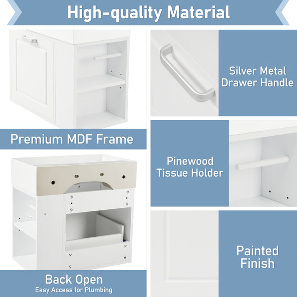 English Elm Christopher Knight Home® - 21.8" Wall-Mounted Bathroom Vanity with Ceramic Sink, Soft-Close Drawer, Adjustable Shelves & Tissue Holder White N759P292550K