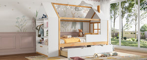 English Elm Twin House Frame Bed Pine Wood with Storage Drawers and Shelves for Kids Bedroom W1580S00572