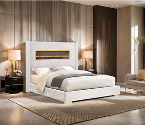 English Elm Contemporary Upholstered Platform Bed with Fireplace Simulator and Bluetooth Audio White B2741P439944