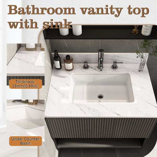 English Elm 31 Inch Marble Vanity Top - Bianco Carrara Venato - Durable Sintered Stone With Undermount Sink & Backsplash W2700P194073