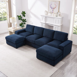 English Elm 122"l Corduroy Sectional with Dual Ottomans Modular U-shape Sofa for Modern Living Dark Blue W1669S00046