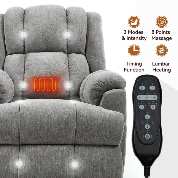 English Elm Dual Motor Power Lift Recliner Chenille Chair with Massage Heat and Infinite Positions Light Gray W3224P288433