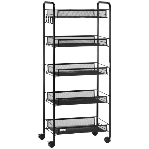 English Elm HOMCOM 5-Tier Rolling Utility Cart with Removable Wire Baskets, Steel Frame, Wheels & Brakes, Black W2225P217726