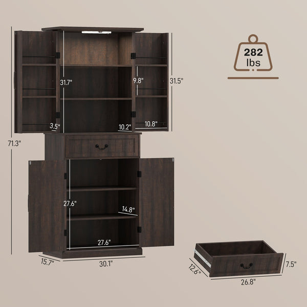English Elm Nordic Floor to Ceiling Pantry Cabinet with Led Lighting and Six Door Shelves T3971P428147