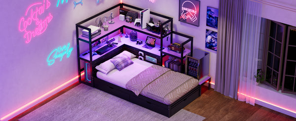 English Elm Twin Gaming Daybed with Led Strips Desk Pegboard Bookcase and Three Storage Drawers Purple+Black N820S00083I