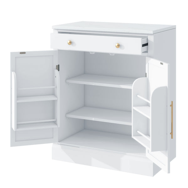 English Elm [Assembly Modern Freestanding Kitchen Pantry with Faux Marble Top, Set of 2 Cabinets with Drawer, Adjustable Shelves, Sleek Durable Design for Dining Room and Coffee Bar White SP000074AAK