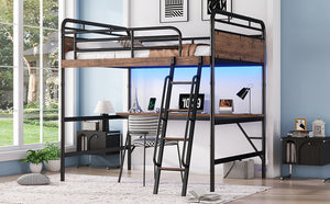 English Elm Full Size Metal Loft Bed with Desk, LED Light & Charging Station, MDF Panels, Safe Rounded Edges W2580P286695