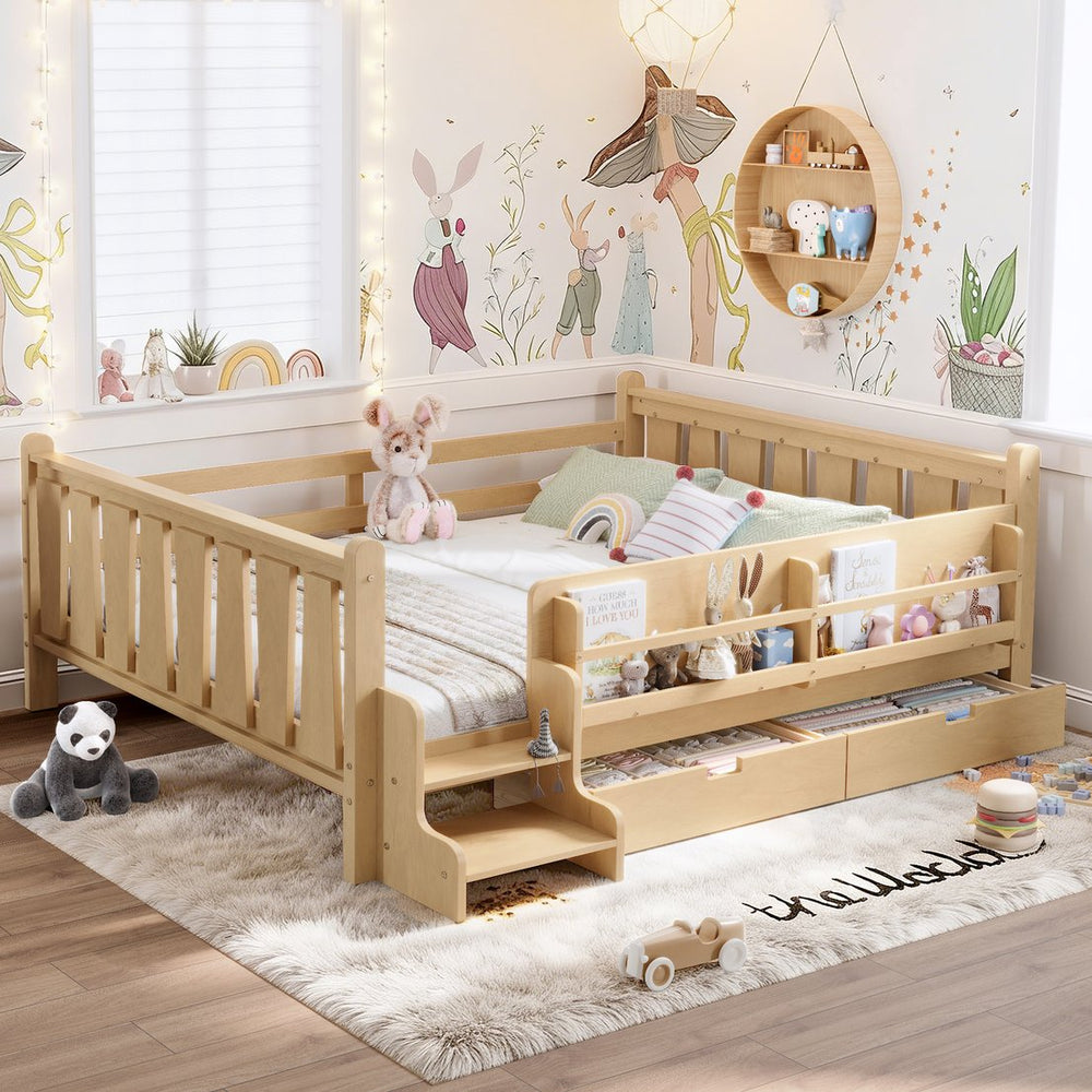 English Elm Queen Bunk Bed with Trundle Solid Pine Kids Car Themed Frame Built-in Bookshelf Light Natural W1580S00544