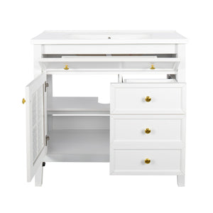 English Elm 35.6" Freestanding Bathroom Vanity with Roman Column Base and Ceramic Integrated Sink White W1801S00011