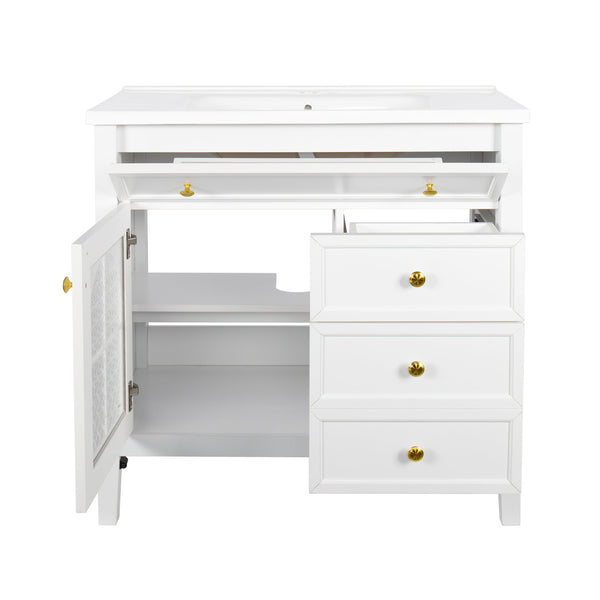 English Elm 35.6" Freestanding Bathroom Vanity with Roman Column Base and Ceramic Integrated Sink White W1801S00011
