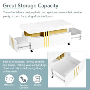 English Elm Faux Marble Rectangular Coffee Table with Gold Bars Drawers and Caster Wheels White WF305961AAK