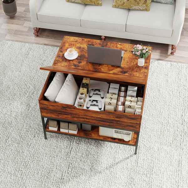 English Elm Farmhouse Flip Top Coffee Table With Hidden Storage – Rustic Wood & Metal Design For Stylish Living Rooms T2398P354184