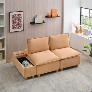 English Elm 74-inch flannel sofa with cup holders, storage compartment, adjustable backrest and solid wood frame Light Brown W1658S00127