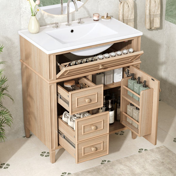 English Elm "30'' 30 Inch Freestanding Bathroom Vanity Solid Pine Cabinet Ceramic Sink Soft Close Storage N725P375498T