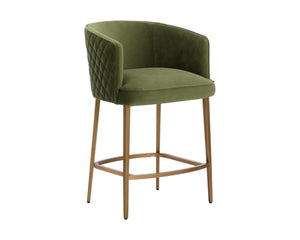 Sunpan CORNELLA Counter Stool - Elegant Meg Olive Upholstery with Diamond Stitching & Antique Brass Frame 109863