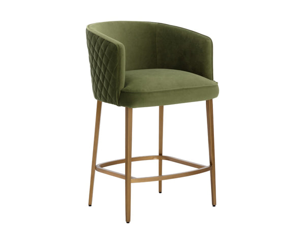 Sunpan CORNELLA Counter Stool - Elegant Meg Olive Upholstery with Diamond Stitching & Antique Brass Frame 109863