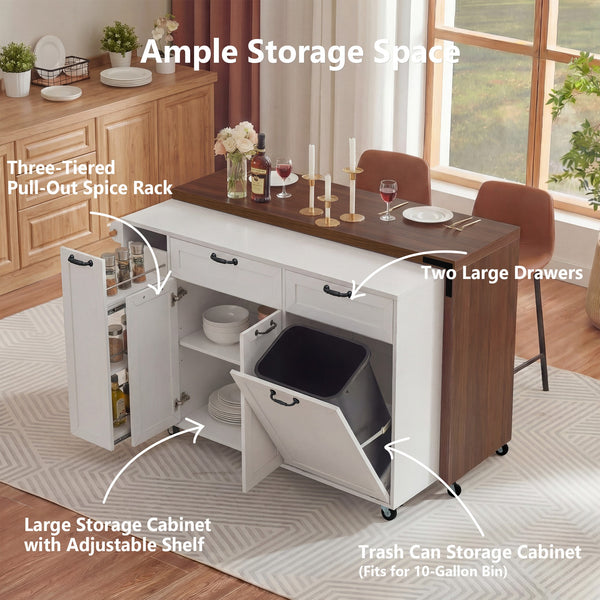 English Elm K&k Extendable Kitchen Island Rolling Cart with Spice Rack Walnut Oak Finish White N707S000026W