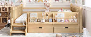 English Elm Queen Bunk Bed with Trundle Solid Pine Kids Car Themed Frame Built-in Bookshelf Light Natural W1580S00544