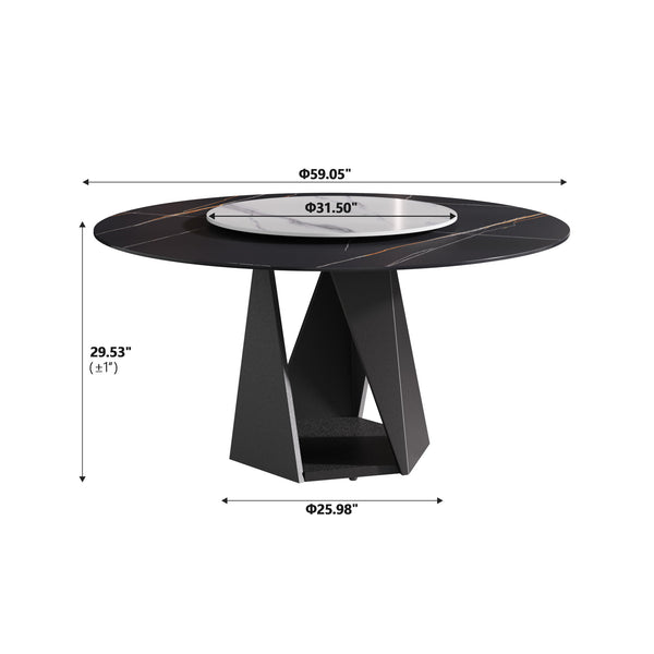 English Elm 59.05" Round Marble Dining Table With Lazy Susan, Black Iron Base For 6-8 People, Elegant Centerpiece W1535S00405