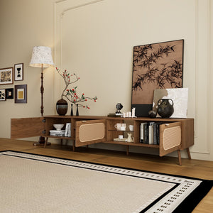 English Elm 78" Rattan TV Stand for 75-85" TVs with Glass Shelves, Solid Wood Legs, Soft-Close Doors, Walnut Finish N710P298238P