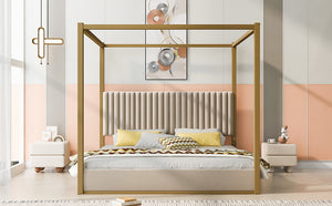 English Elm King Velvet Upholstered Four Poster Canopy Bed White Modern Bedroom Frame N7090002405A