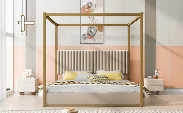 English Elm King Velvet Upholstered Four Poster Canopy Bed White Modern Bedroom Frame N7090002405A