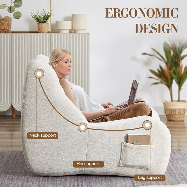 English Elm Bean Bean Bag Chair with Armrests Ergonomic Chenille Lounge Seat Filled with High-Resilience Sponge White W3434P329959