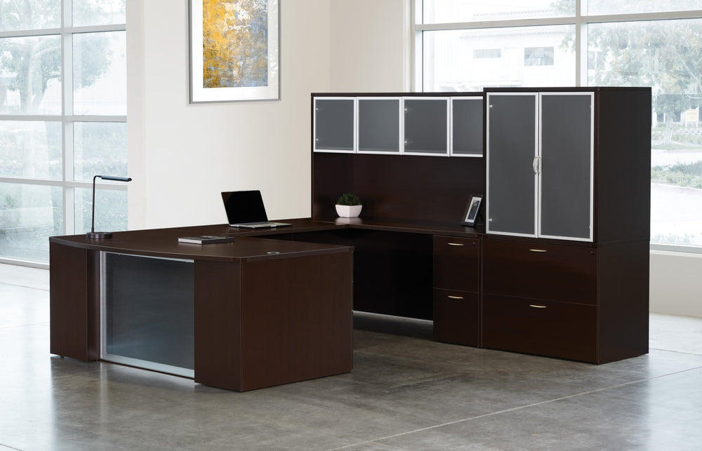 OSP Home Furnishings Napa Executive U-shape Desk with Overhead Hutch Filing Storage and Modesty Panel Cherry NAPCHY-TYP213G