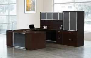 OSP Home Furnishings Napa Executive U-shape Desk with Overhead Hutch Filing Storage and Modesty Panel Espresso NAPESP-TYP213G