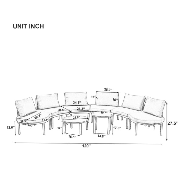 English Elm TOPMAX 8-Piece Patio Sofa Set with Modular Half-Moon Sectionals, Tempered Glass Tables, Cushioned Komfort Gray SP100029AAE