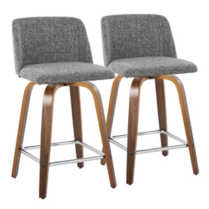 English Elm Toriano 24" Mid-Century Modern Counter Stool Set Of 2 With Swivel, Chrome Footrest & Walnut Frame B202S00118-GIGA