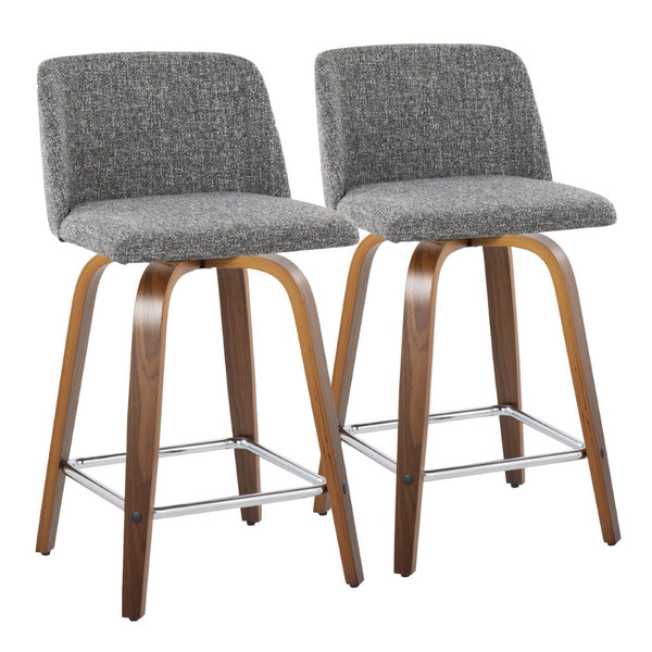 English Elm Toriano 24" Mid-Century Modern Counter Stool Set Of 2 With Swivel, Chrome Footrest & Walnut Frame B202S00118-GIGA