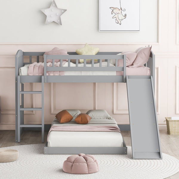 English Elm Twin Over Kids Bunk Bed with Built-in Slide Solid Pine Frame Gray Finish LT100514AAE