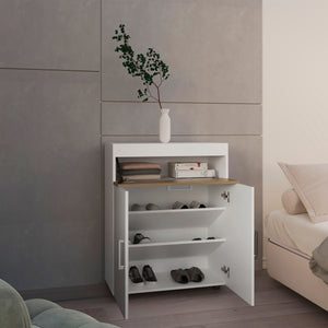 English Elm Shoe Modern 3‑Door Concealed Shoe Cabinet with 3 Shelves, Sturdy Legs, Compact Engineered Wood Storage White + Light Oak 37.01 L x 28.35 W x 3.94 H B097P350292