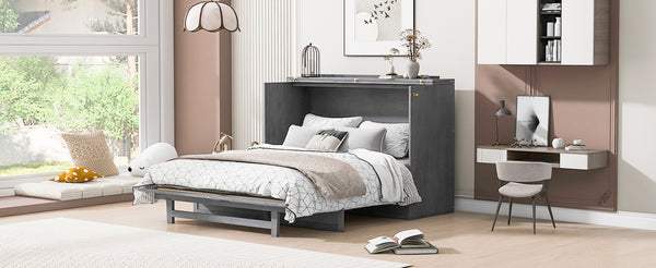 English Elm Queen Murphy Wall Bed with Usb Ports Storage Drawers and Cabinet Style Panel Front Gray N708S00006AAE