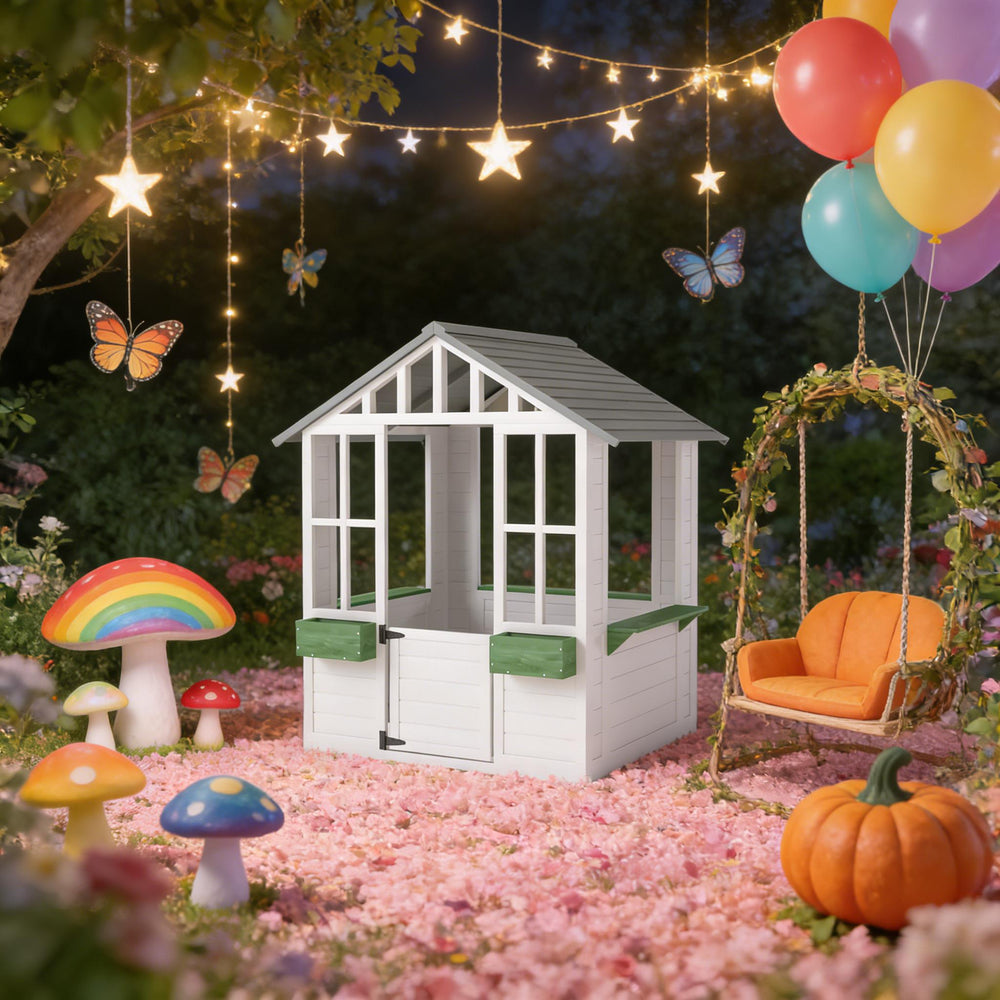 English Elm Wooden Fir Outdoor Kids Playhouse Cottage with Serving Station and Ventilating Windows T3971P442827