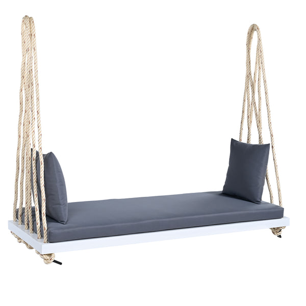 English Elm TOPMAX Acacia Wood Patio Swing Chair with Cushion & Pillows, 63" Comfortable Seat, 400lb Capacity White N717P210136K