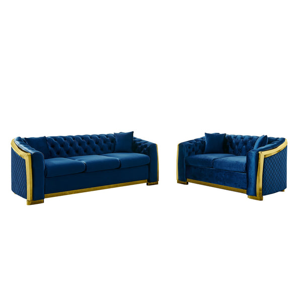 English Elm 2 Piece Chesterfield Velvet Sofa Set with Gold Steel Trim Tufted Living Room Suite Navy Blue W1191S00120