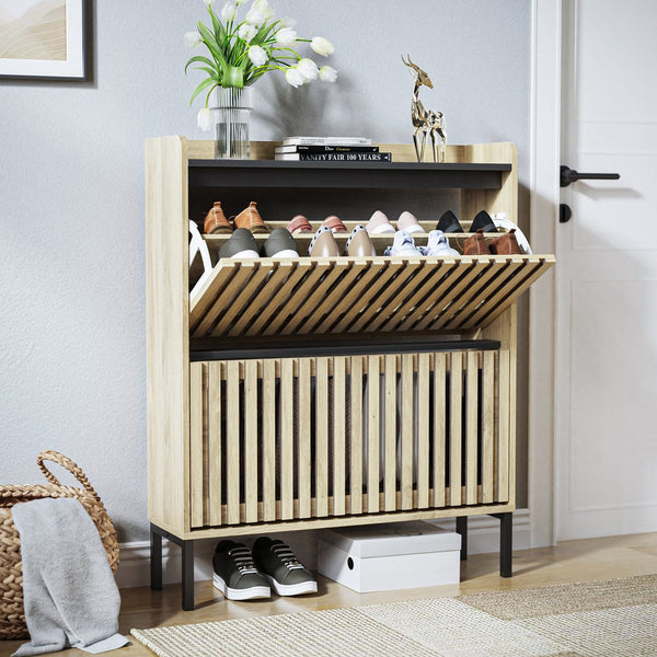 English Elm Fluted,2 Teak & Black Flip Shoe Cabinet with Fenced-Element Doors, Compact Multi-Layer Entryway Storage Solution W2673P209455