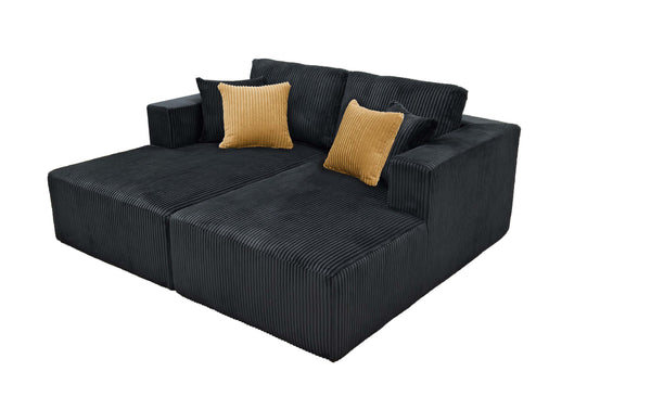 English Elm Full Corduroy Double Chaise Loveseat Foam Plush Seating for Bohemian Living Rooms Black B2748S00055