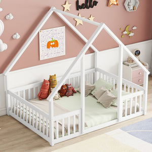 English Elm Full House-Shaped Floor Bed with Fence and Guardrails, Pine Wood Play Loft for Imaginative Kids Retreat White W504P143294
