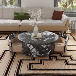 English Elm Tavola Round Coffee Table with Marble Pattern Top and Metal Legs, Two Drawers for Stylish Storage Black B341P321162