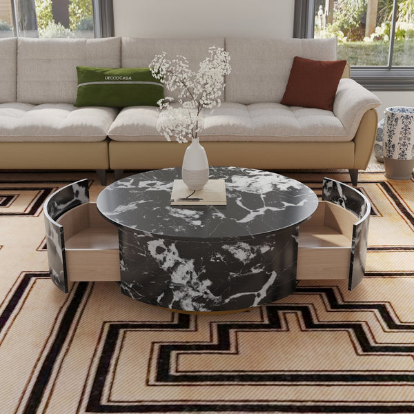 English Elm Tavola Round Coffee Table with Marble Pattern Top and Metal Legs, Two Drawers for Stylish Storage Black B341P321162