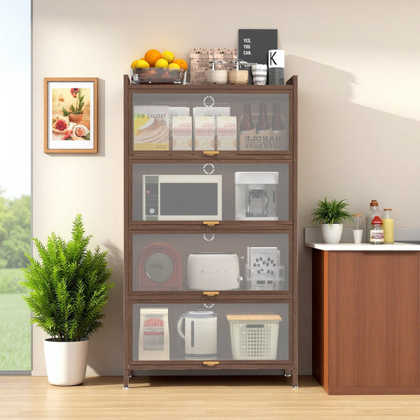 English Elm 57'' Tall Metal 4 Flip Doors Cabinet Walnut - Durable Steel, Space-Saving 4-Tier Storage for Home & Office W3387P363520