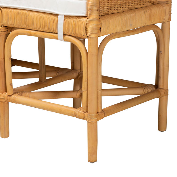English Elm Modern Bohemian Rattan Bench with Woven Frame Open Shelf and Cushion for Entryway B2750P467674