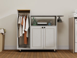 English Elm Ironing Cabinet on Wheels with Pull Out Board Open Shelves and Antique White Finish W1120P330148