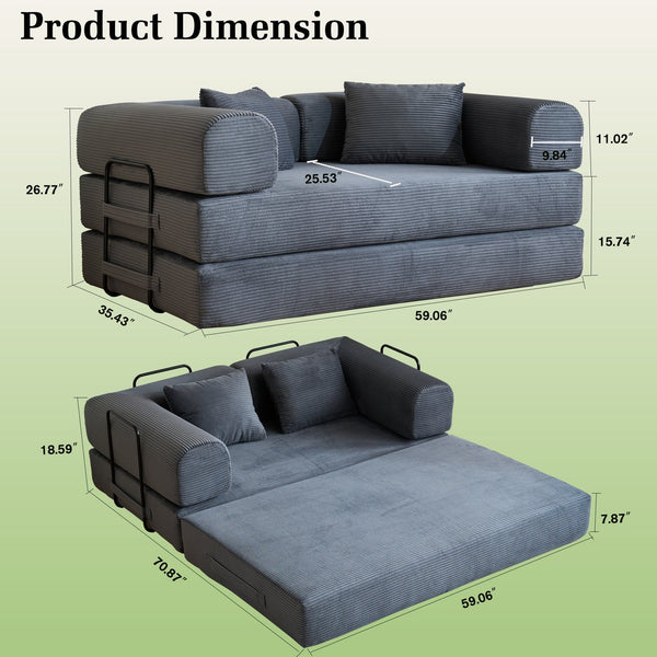 English Elm 59'' Corduroy Floor Sofa Convertible Sleeper with Bolster Pillow for Studio Living Gray W3434P449859