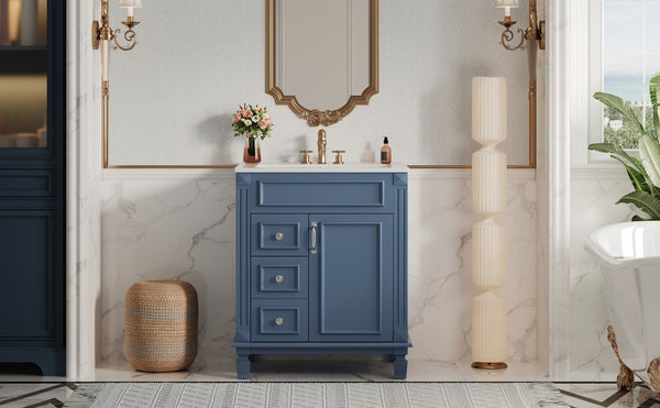 English Elm 24" French Inspired Bathroom Vanity with Ceramic Basin Soft Close Cabinet and 2 Drawers Blue N710P318990C