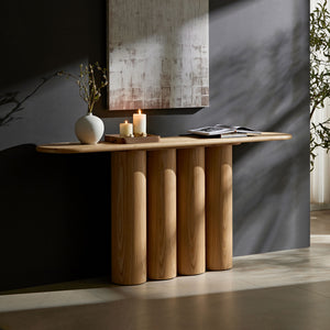 English Elm 66.93'' Slim Matte Console Table with Sculptural Cylinder Legs for Entryway or Foyer Natural W876S00338